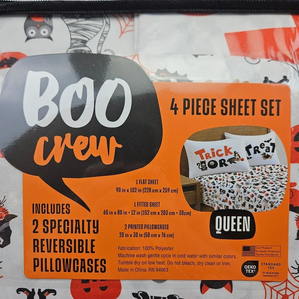 Queen Halloween Boo Crew‎ 4 Piece Sheet Set 2 Specialty Reversible Pillowcases